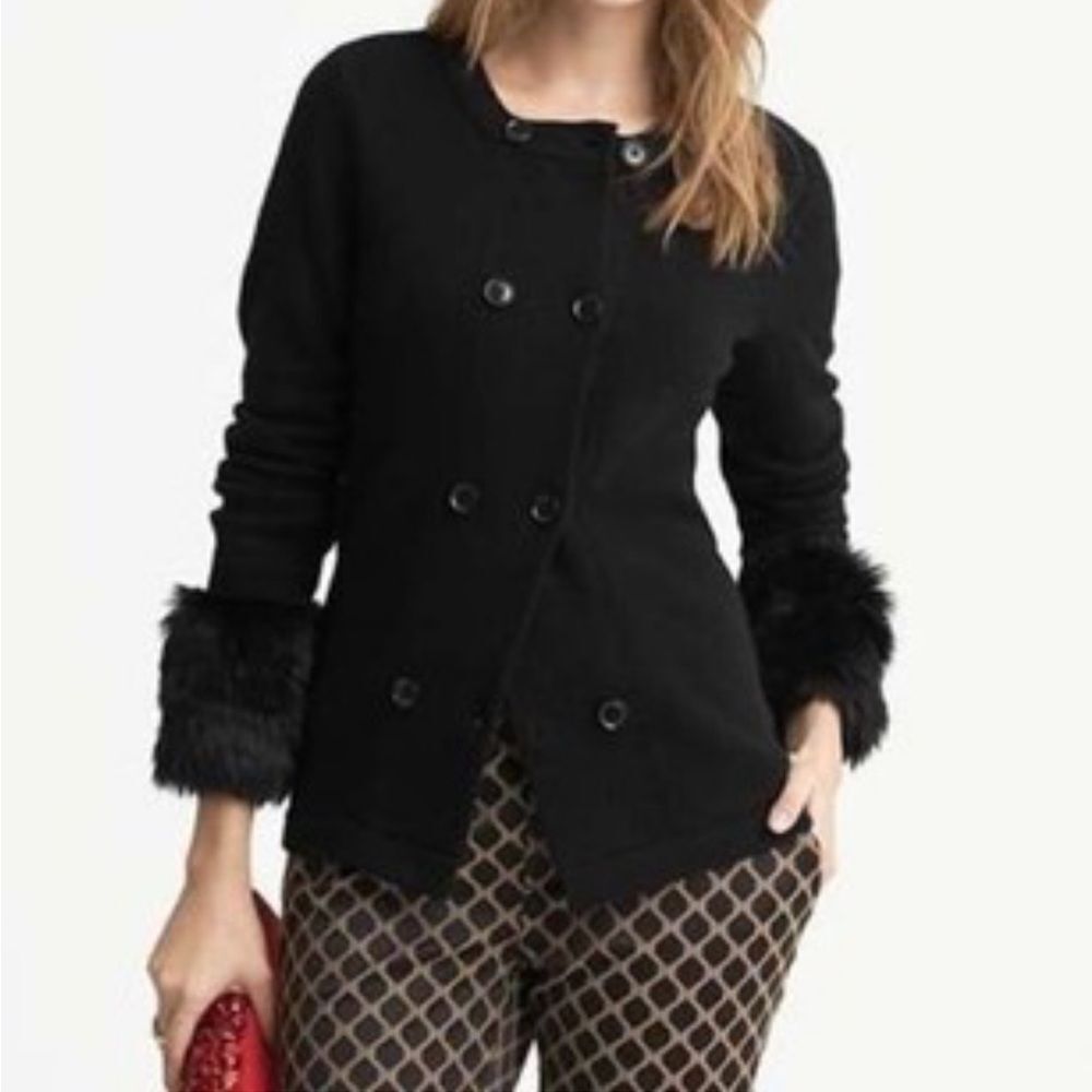 Banana Republic Black Fur Cuff Cardigan Sweater